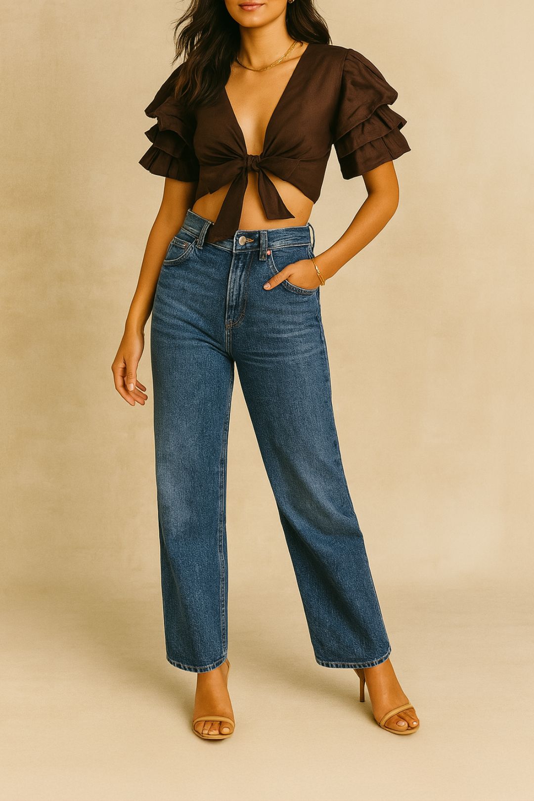 Dress hire date night posse Ruffed Linen Cropped Top in Chocolate 