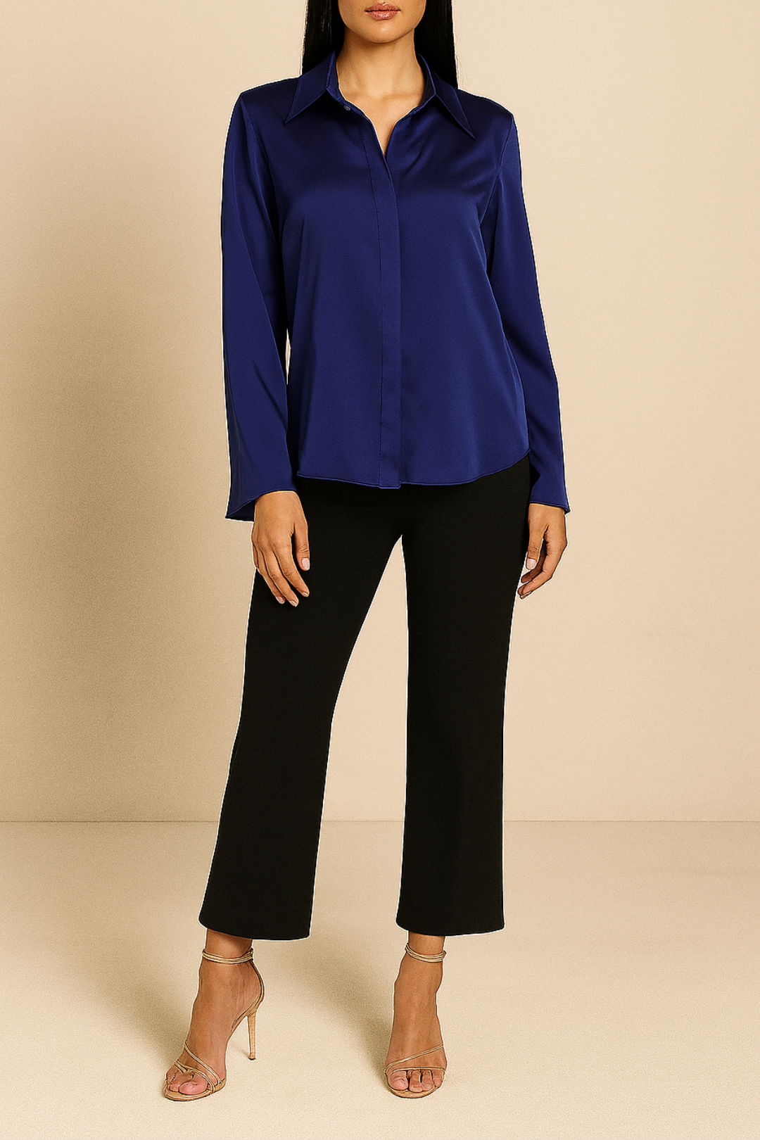 Dress Hire Dinner Date CUE Silky Satin Gathered Shirt in Admiral Blue