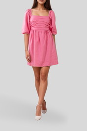 dress hire party AERE - Fern Linen Blend Gathered Puff Sleeve Mini Dress