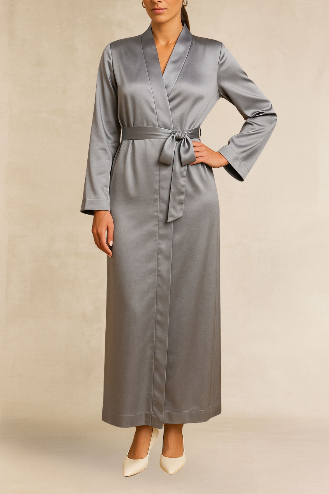 dress hire daytime event one mile Silky Grey Long Robe