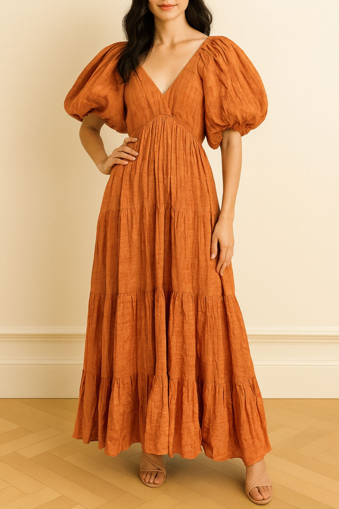 dress hire wedding guest Rooh Collective	Long Gown in Papaya