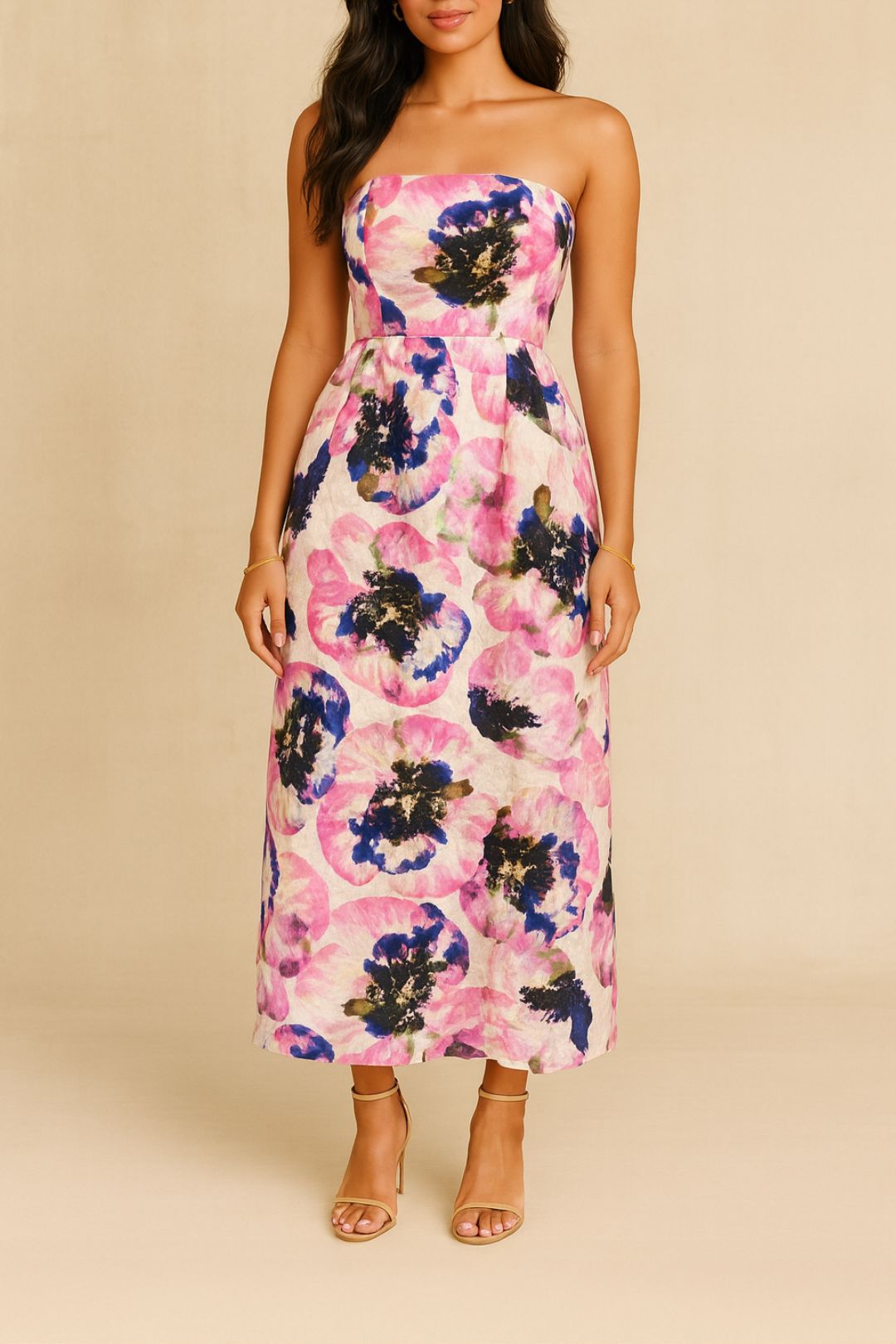 Dress Hire wedding guest AERE Linen Strapless Empire Waist Midi Dress Floral