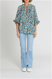 Ganni Pleated Georgette Short Sleeve Blouse Floral Azure Blue