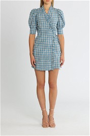Ganni Seersucker Check Azure Blue Short Sleeve Mini Dress