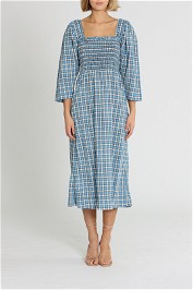 Ganni Seersucker Midi Dress With Ruching Check Azure Blue