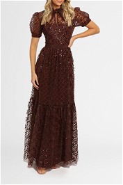 Self Portrait Grid Sequin Maxi Dress Brown