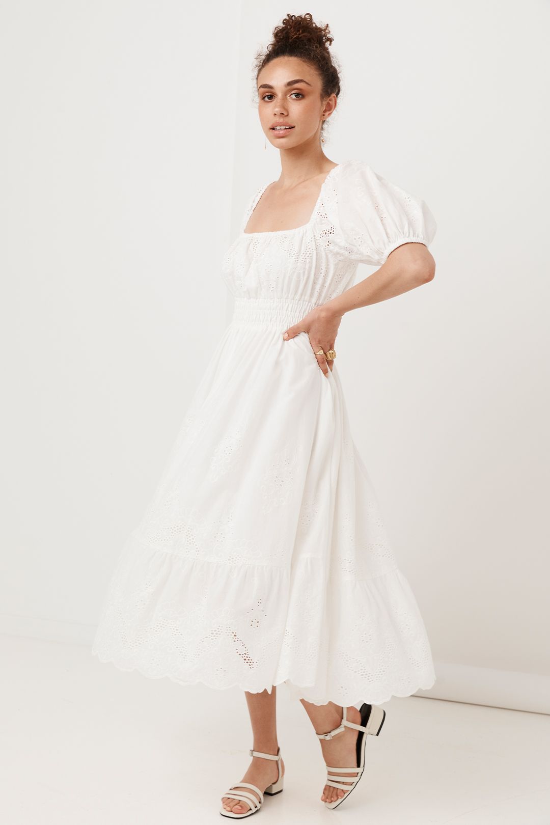 Spell Capulet Broderie Anglaise Soiree Dress White Straight Neckline